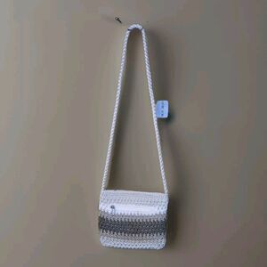 Lina Crochet Knit Purse White & Brown Striped Bag Braid Strap Pockets & Lined